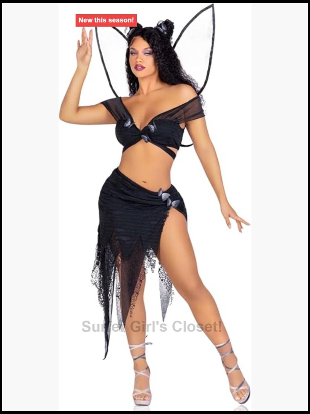 4 PC Dark Fairy Costume With Wings Crop Top Skirt Cosplay Halloween